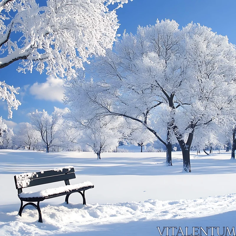 Peaceful Snowy Landscape with Frost-Adorned Trees and Bench AI Image