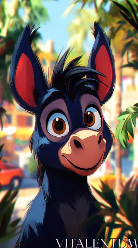 Smiling Cartoon Donkey in a Vibrant Setting AI Image