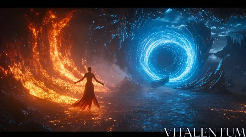 Woman Between Fire and Ice Portals AI Image