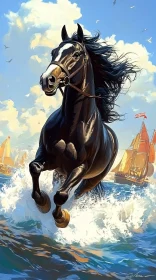 Black Stallion Amidst the Sea