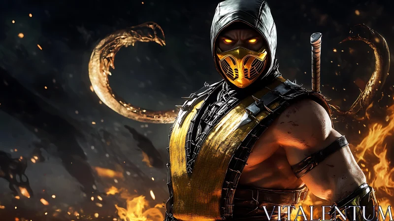 Golden Masked Fighter in Flames AI Image