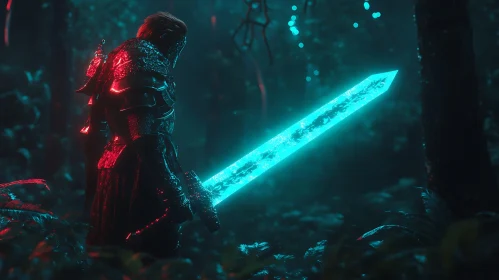 Armored Warrior in Neon Lit Forest