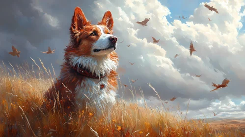 Dog in Nature with Birds and Clouds