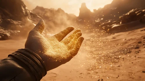 Hand with Golden Dust in Desert