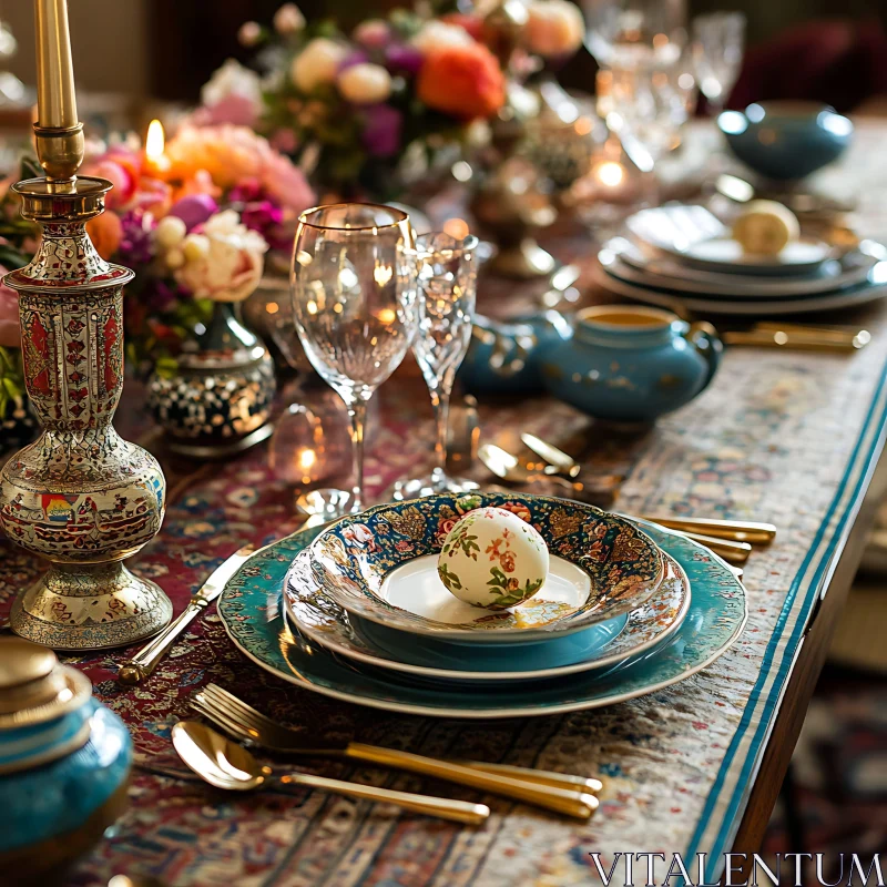 Beautifully Decorated Dinner Table with Floral Patterns AI Image