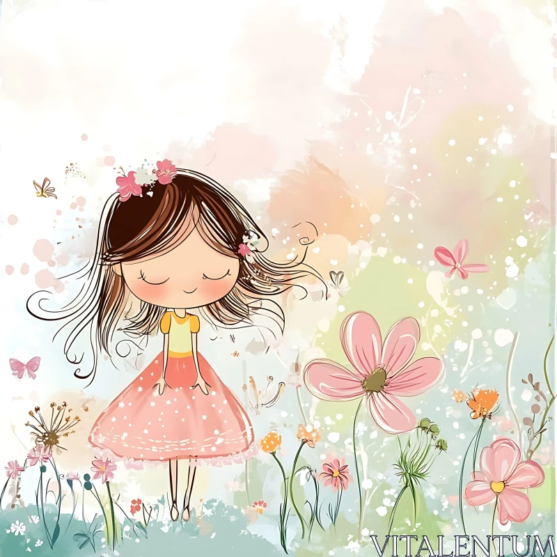 AI ART Whimsical Girl with Flowers Illustration