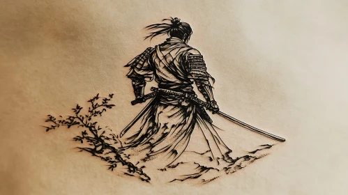 Lone Samurai Ink Drawing