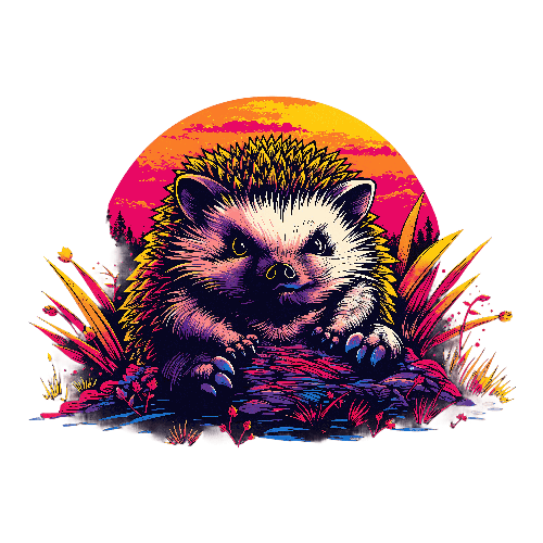 Colorful Hedgehog Illustration with Sunset - Nature Inspired Art POD Design