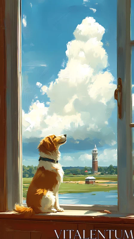 Tranquil Dog and Lighthouse Scene AI Image