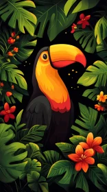 Toucan Surrounded by Jungle Leaves and Flowers