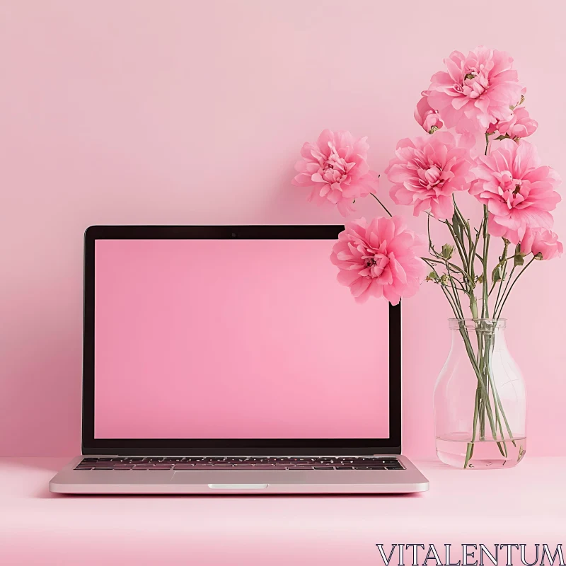 Stylish Pink Workspace with Floral Decor AI Image