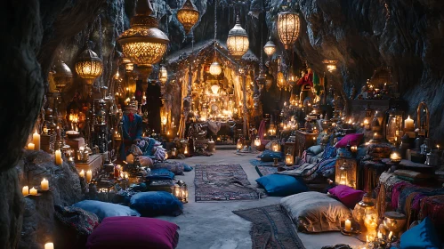 Illuminated Cave Interior with Cozy Decor