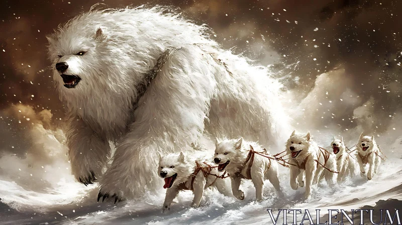 AI ART White Bear and Sled Dogs in Snow