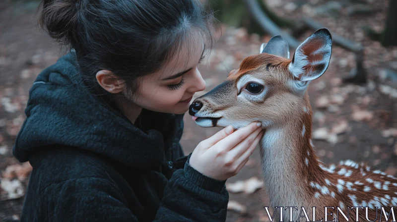 Woman's Affection for Deer in Nature AI Image