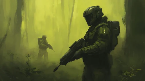 Military Personnel in Misty Forest Ambience