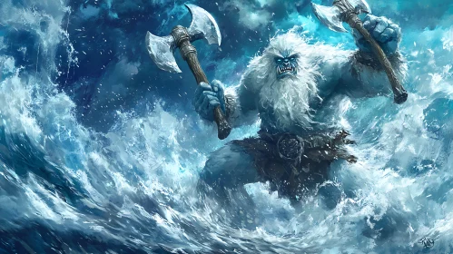 White Monster with Axes in Storm