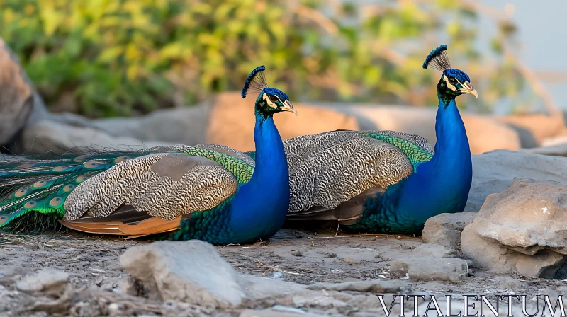 Pair of Peacocks in Serene Wildlife Setting AI Image