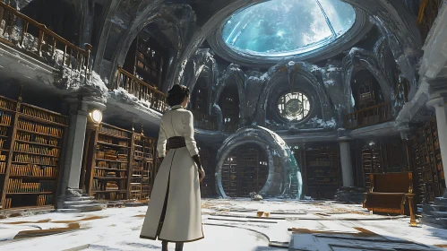 Snowy Library with Celestial Dome