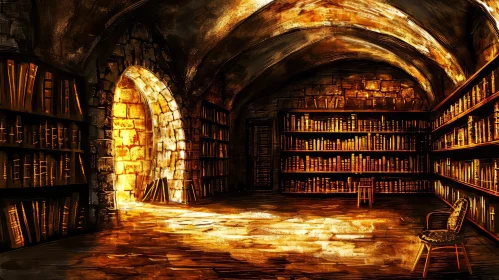 Enchanting Digital Painting of a Library in a Stone Room