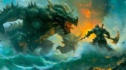Epic Battle between Knight and Sea Dragon - Digital Painting