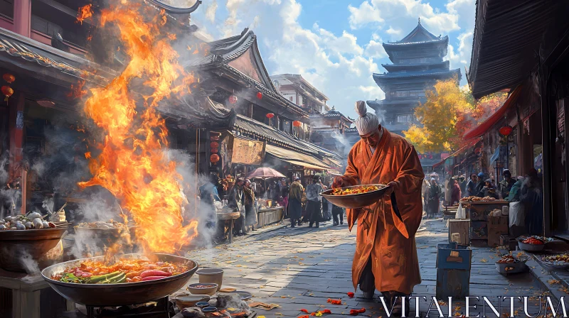 AI ART Fiery Cooking in Asian Market