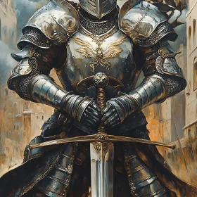 Armored Knight with Sword in Cityscape