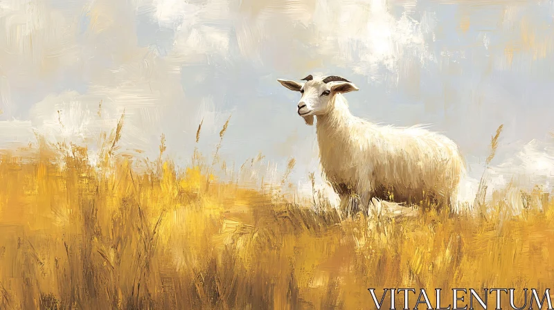 Peaceful Goat and Sunlit Field AI Image