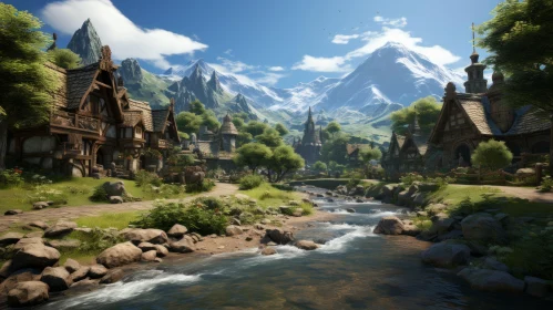 Fantasy Village Amidst Mountains and Stream