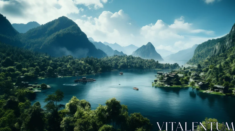 Serene Lake with Majestic Mountains and Cityscape | Asian-Inspired Composition AI Image
