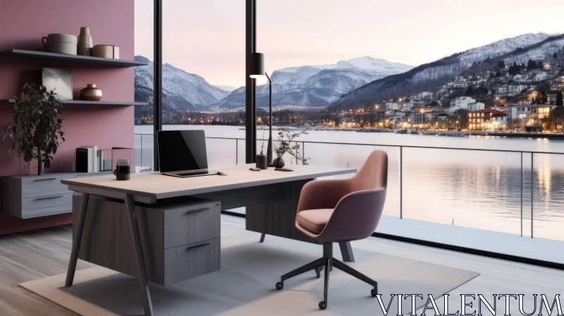 Serene Office Space with Mountain and Lake Scenery AI Image