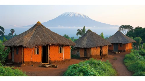 Thatched Huts with Majestic Mountain in the Background