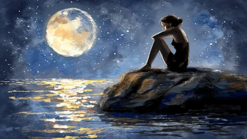 Woman Sitting on Rock by the Sea | Realistic Painting