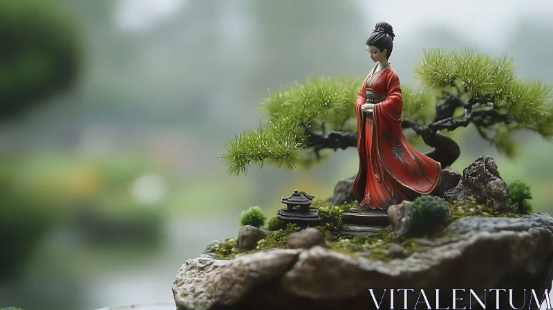 Miniature Asian Woman Figurine with Bonsai AI Image