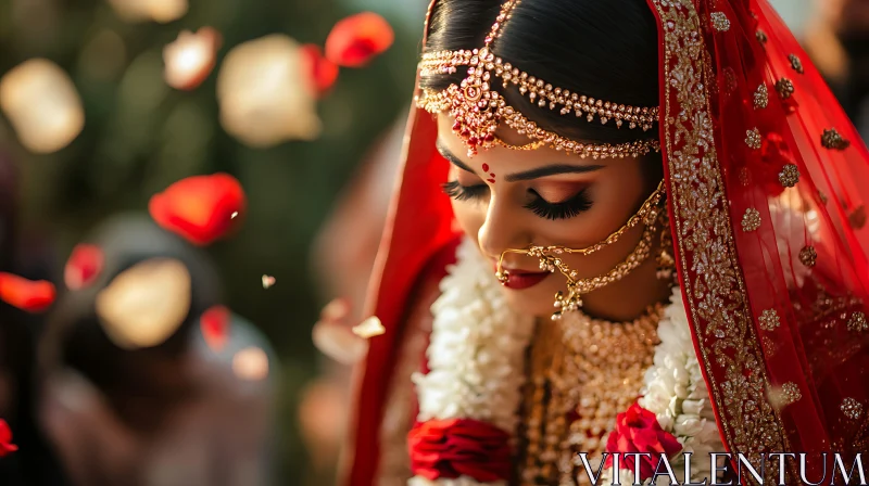 Portrait of Bride Adorned in Gold Jewelry AI Image