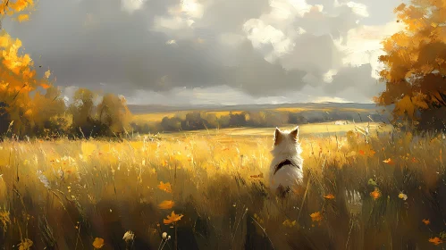 Autumn Field with Dog and Dramatic Sky