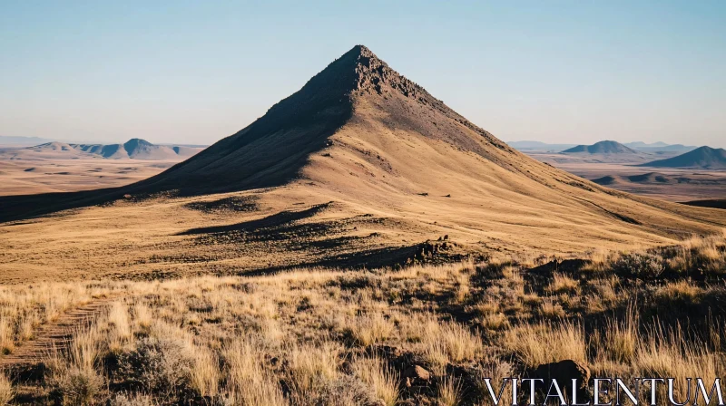 Solitary Mountain in a Golden Desert Landscape AI Image