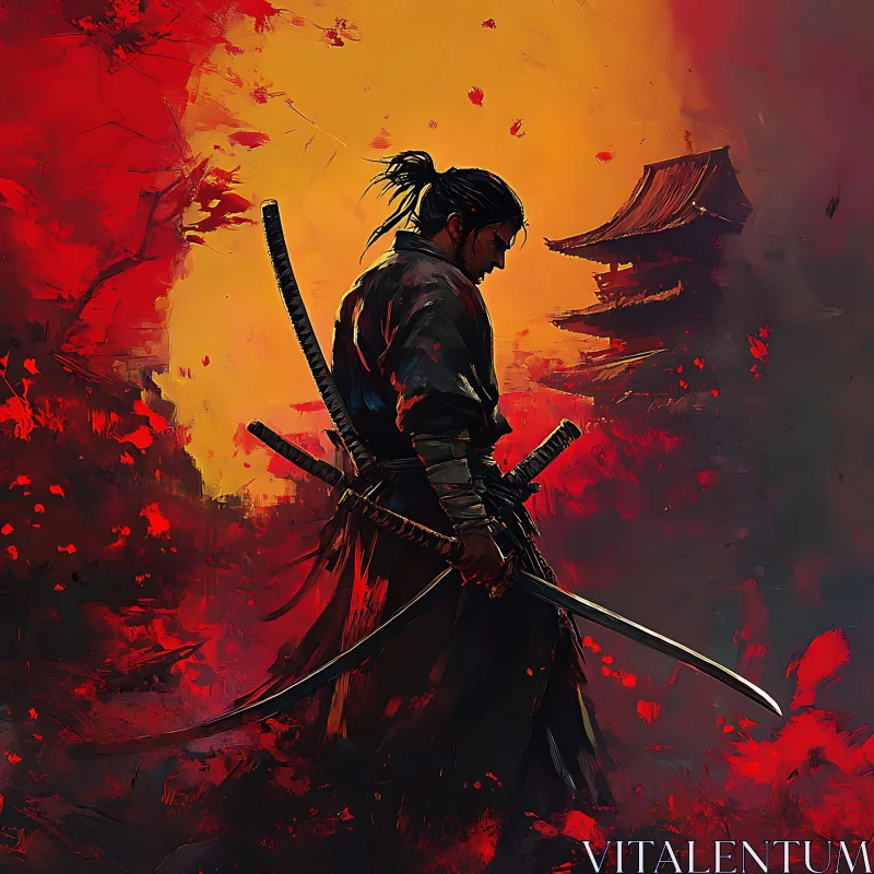 Contemplative Samurai in a Fiery Landscape AI Image