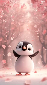 Whimsical Penguin in Blossom Shower