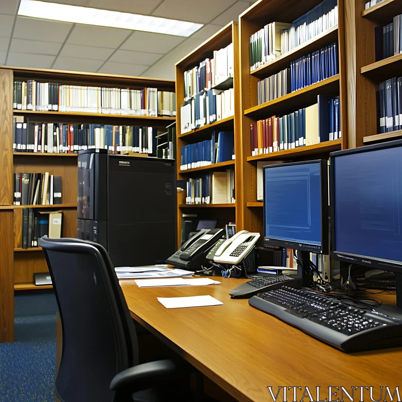 Neat Office in Library Setting with Dual Monitors AI Image