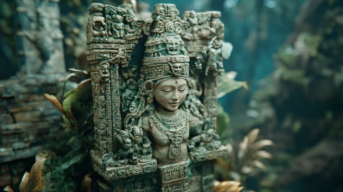 Serene Stone Figure in Overgrown Ruins