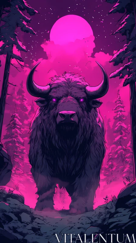 Mysterious Bison in Otherworldly Forest AI Image