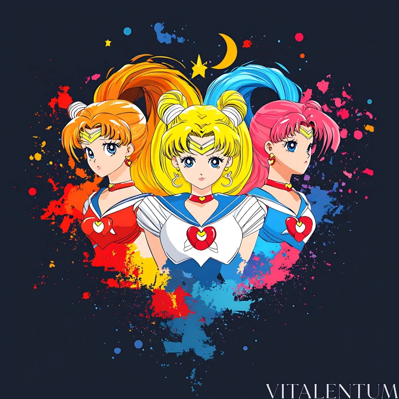 AI ART Three Magical Anime Girls Illustration