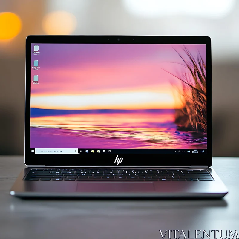 Modern HP Laptop Displaying a Scenic Sunset AI Image