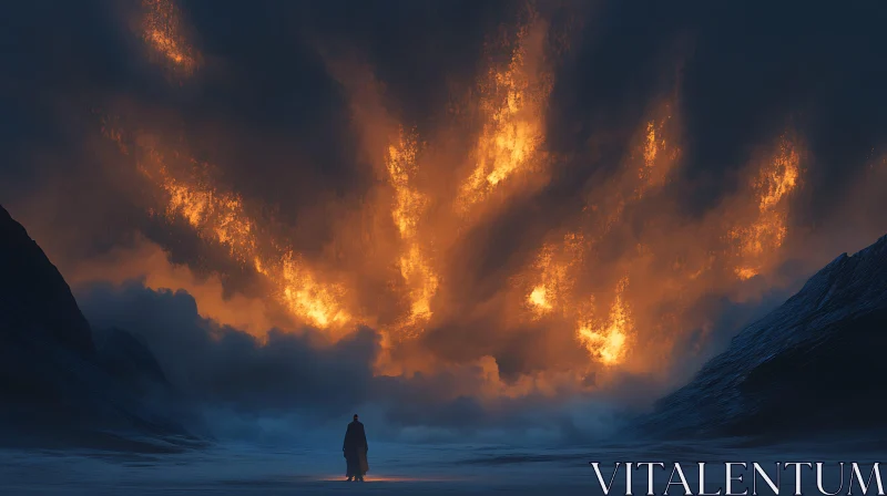 Lone Figure under Fiery Skies AI Image