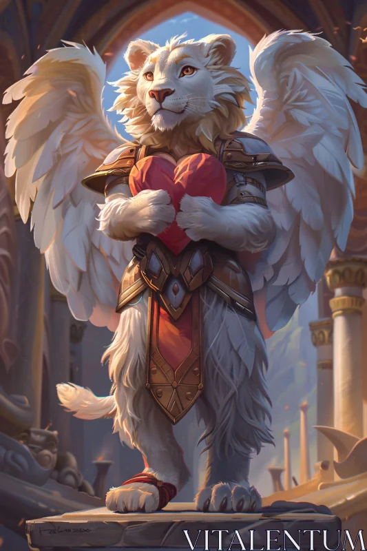 Armored Lion Angel Holding Heart AI Image