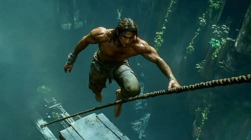 Muscular Man Balancing in Jungle