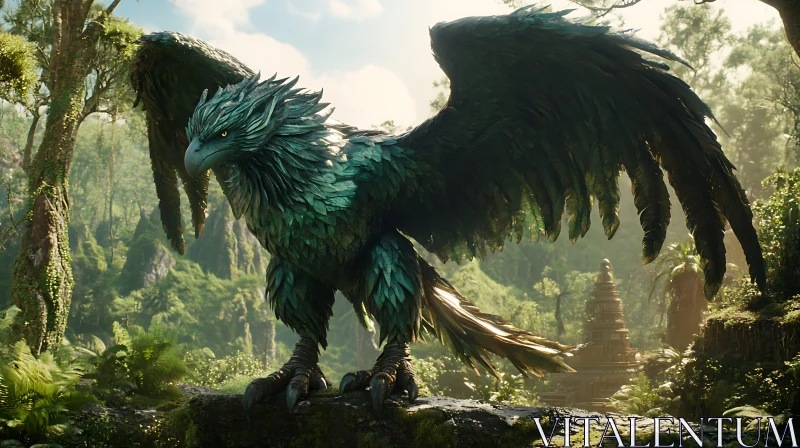 Griffin Perched in Verdant Woodland Scene AI Image