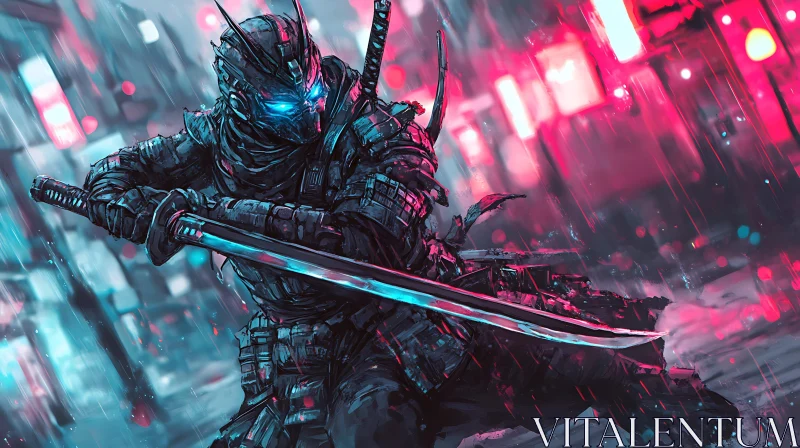 AI ART Cyberpunk Warrior in Neon Cityscape