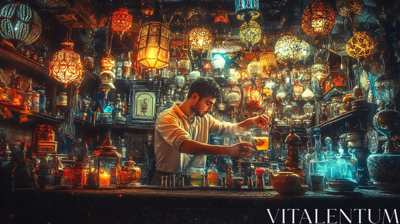 Man Mixing Drinks in Atmospheric Bar AI Image