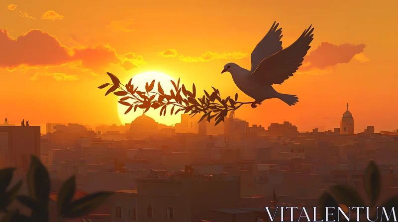 Peaceful Cityscape with Dove at Sunset AI Image